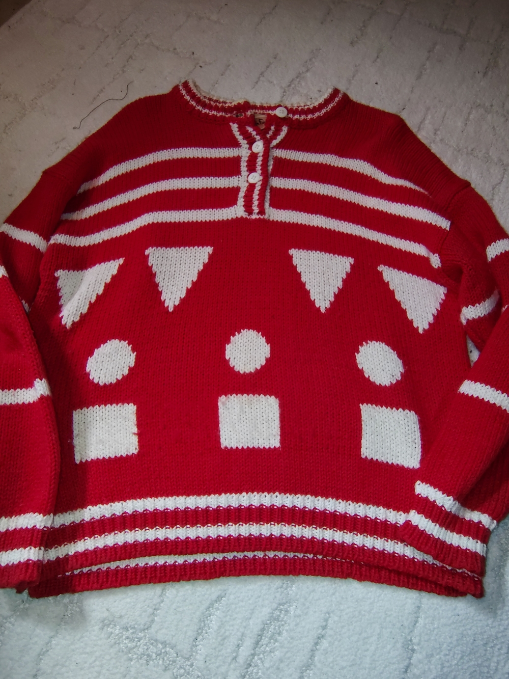Diane Von Furstenberg Red and White Geometric Crew Sweater